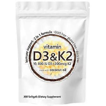 Vitamin D3 & K2 Softgels, 10000 IU D3 + 200mcg K2 MK7, with Coconut Oil, GMOFree, GlutenFree, DairyFree, 300 Softgels Dietary Supplement