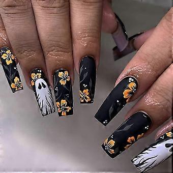 Halloween Long Square Press On Nails Kit, 24pcs Matte Black Fake Nails with Ghost Acrylic Design
