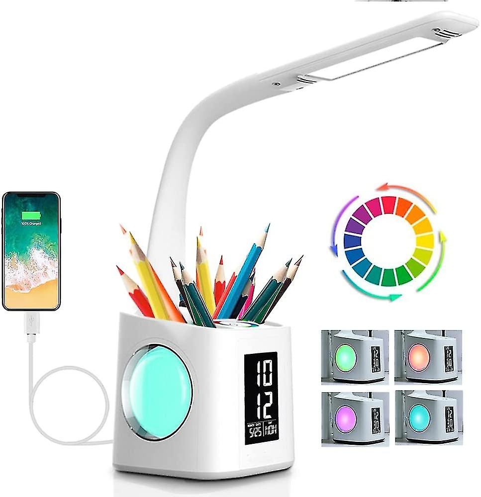 Eye-caring Led Desk Lamp Study Table Lamp Usb Charging Port Atmosphere Night Light With Pen Holder/time/calendar Display 3 Levels Dimmable Lamp 10w