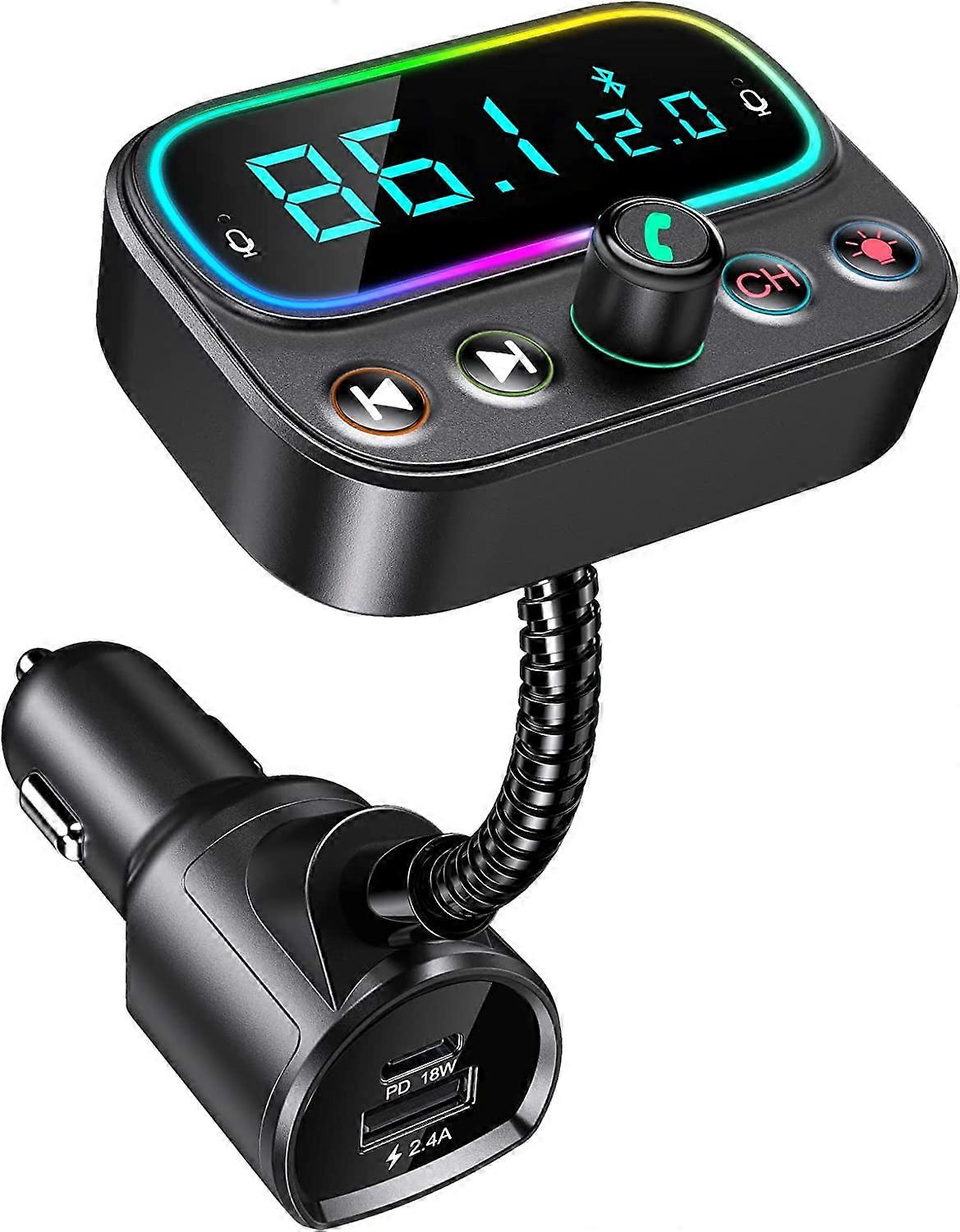 Bluetooth Car, Fast USB C 18W Bluetooth 5.0 FM Transmitter with 9 Backlit Colors