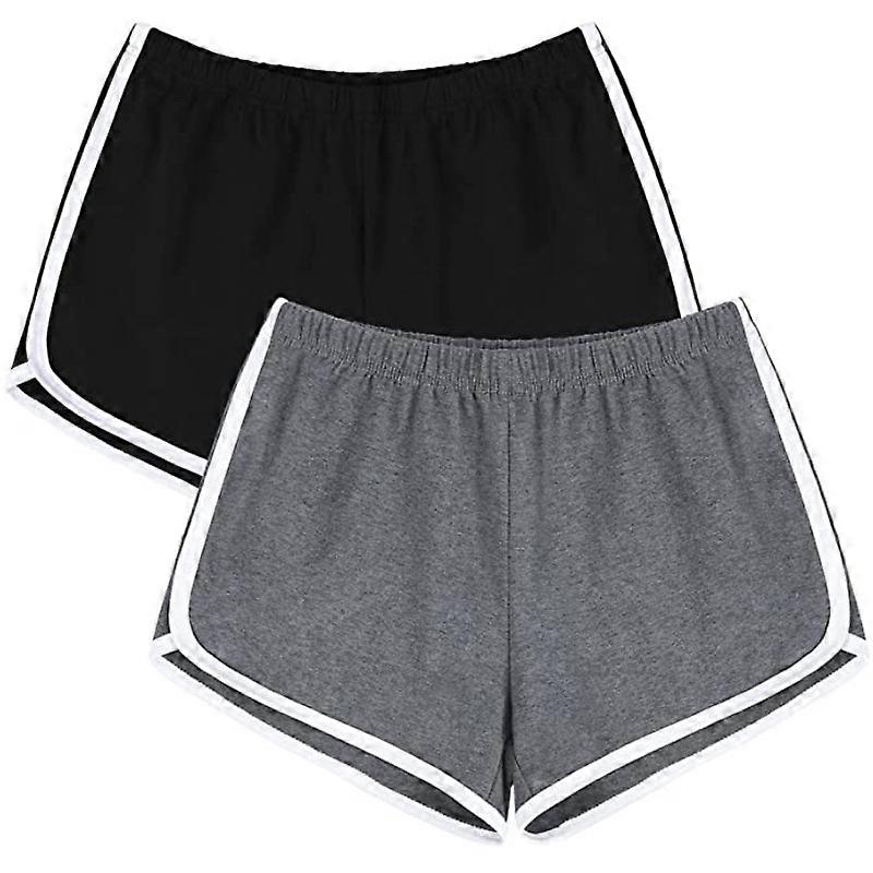 XIANRENGE 2 Pack Cotton Sport Shorts Yoga Dance Short Pants Summer Athletic Shorts, Black, Dark Grey