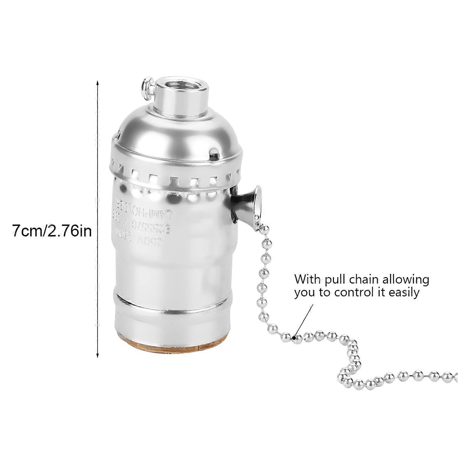 E27 Aluminum Vintage Light Socket with Pull Chain Desk Lamp Lighting Holder Screw Base (Silver)