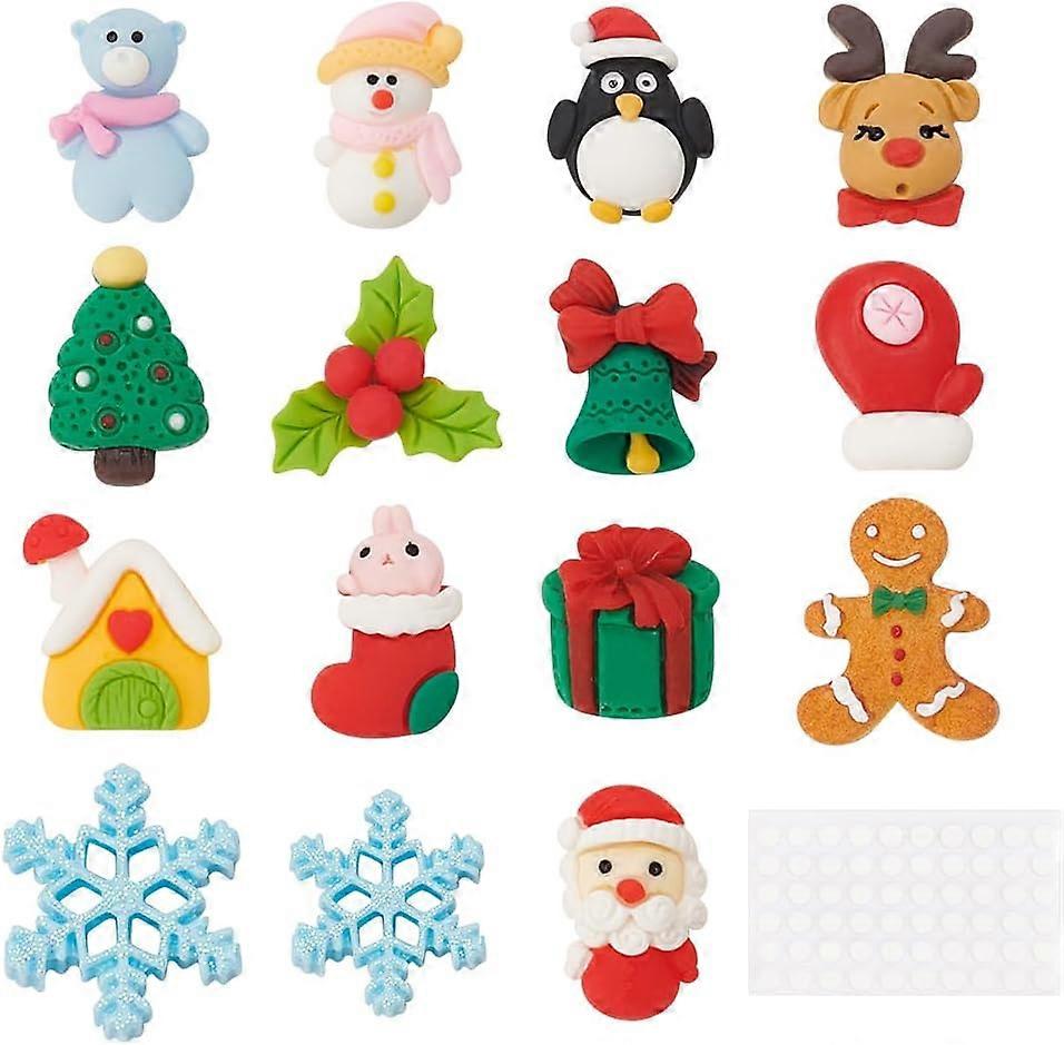 30Pcs 15Styles Christmas Theme Resin Slime Charms Flatback Assorted Button Santa Tree Snowman Bell Cartoon with 60Pcs Acrylic Double-Sided Glue Point