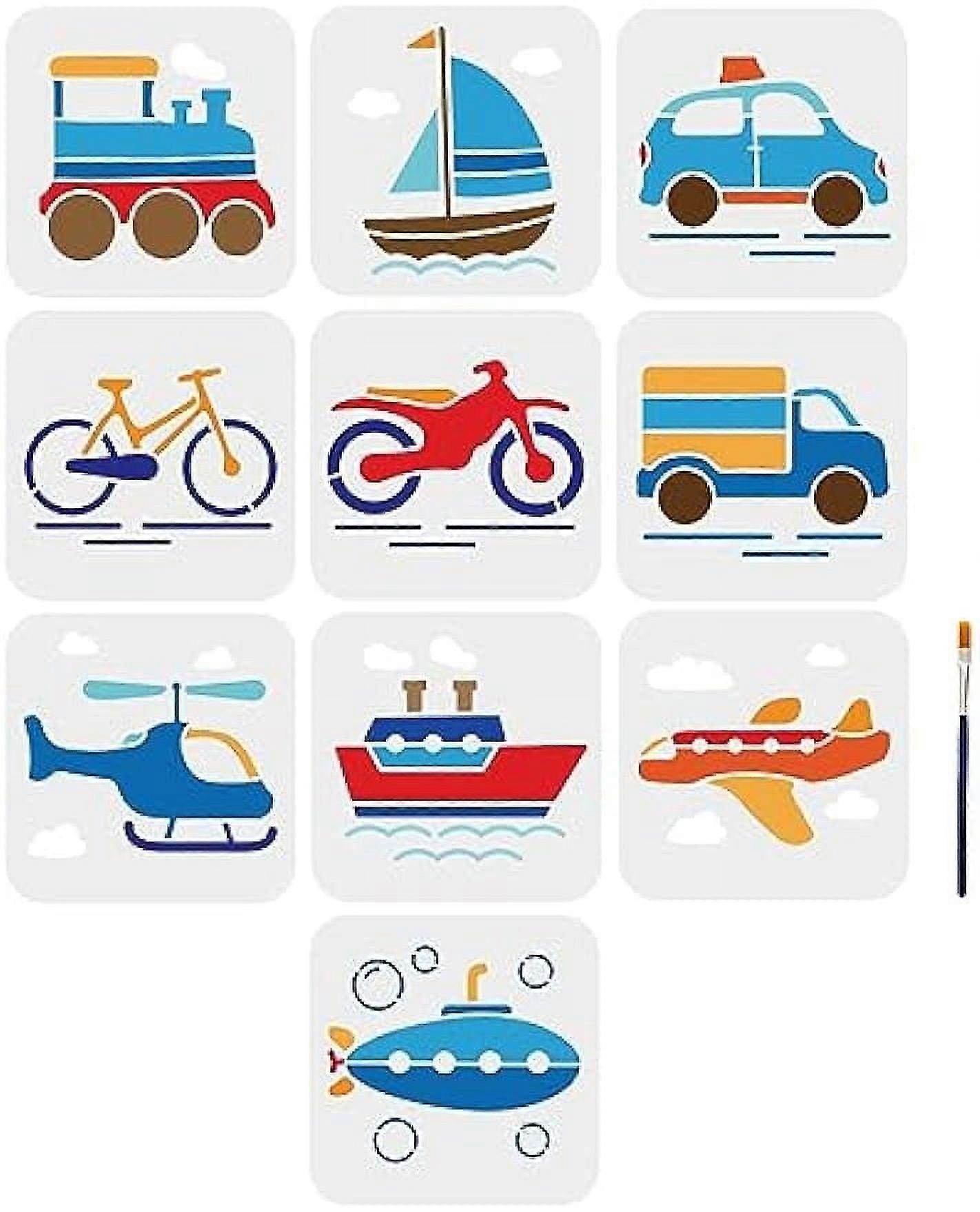 10pcs Vehicle Stencils Traffic System Drawing Painting Stencils 66inch Bicycle Sailboat Taxi Motorcycle Airplane Templates with Paint Brush Home Wall