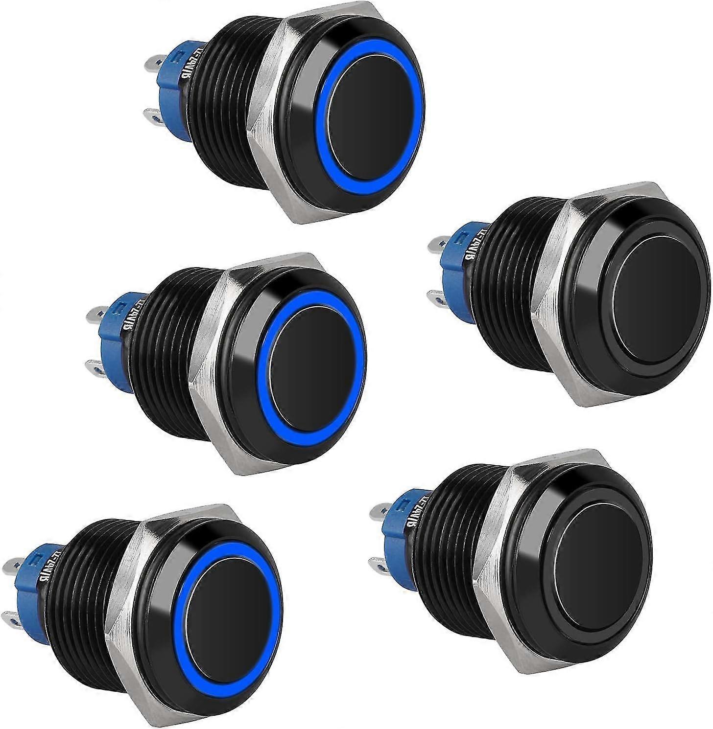 2024 16mm Momentary Pushbutton Switch, 12v 5a 1no1nc Metal Latch Pushbutton Switch With Blue Led Light, Waterproof 4 Pin Self-locking Round Switch For
