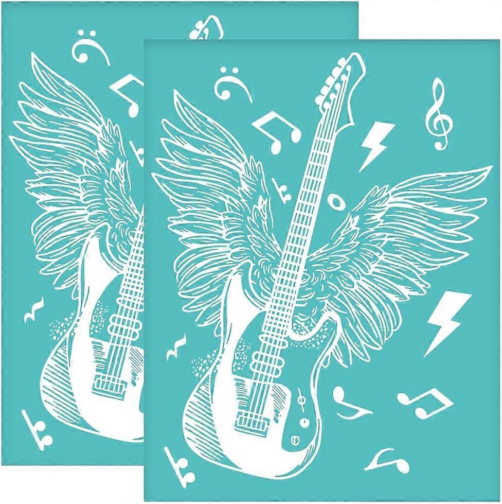 2Pcs 8.6x11 Inch Rock and Roll Self-Adhesive Silk Screen Printing Stencil Guitar with Wing Note Silk Screen Stencil Music Theme Reusable Mesh Stencils