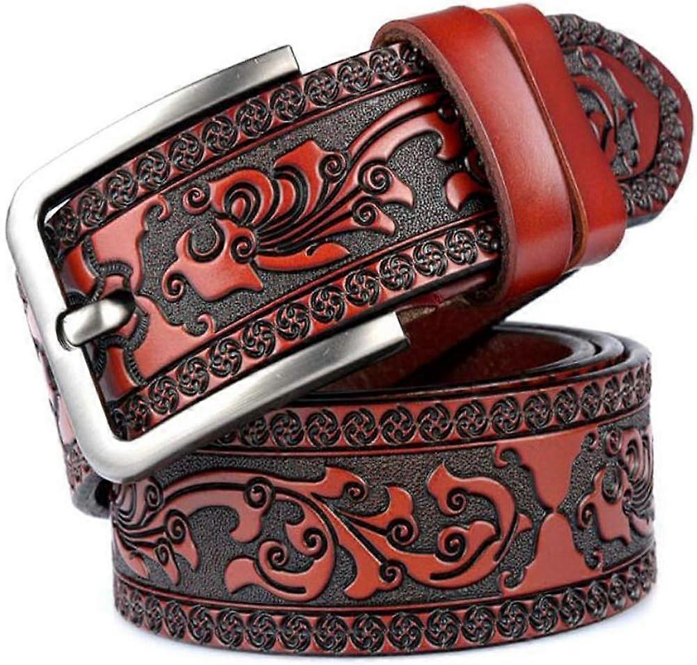 MUJIXI Leather belt with pin buckle, floral pattern, for men