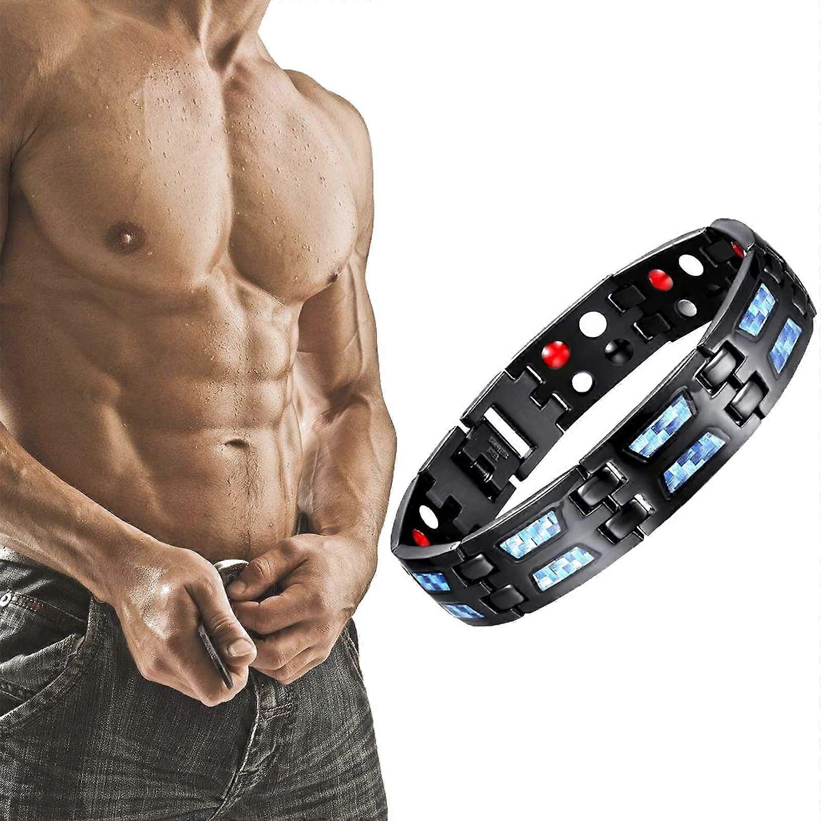 カーボンブルーチタン磁気セラピーブレスレット、調節可能なブルーカーボンファイバーチタンスチール磁気スリムフィットブレスレット男性用