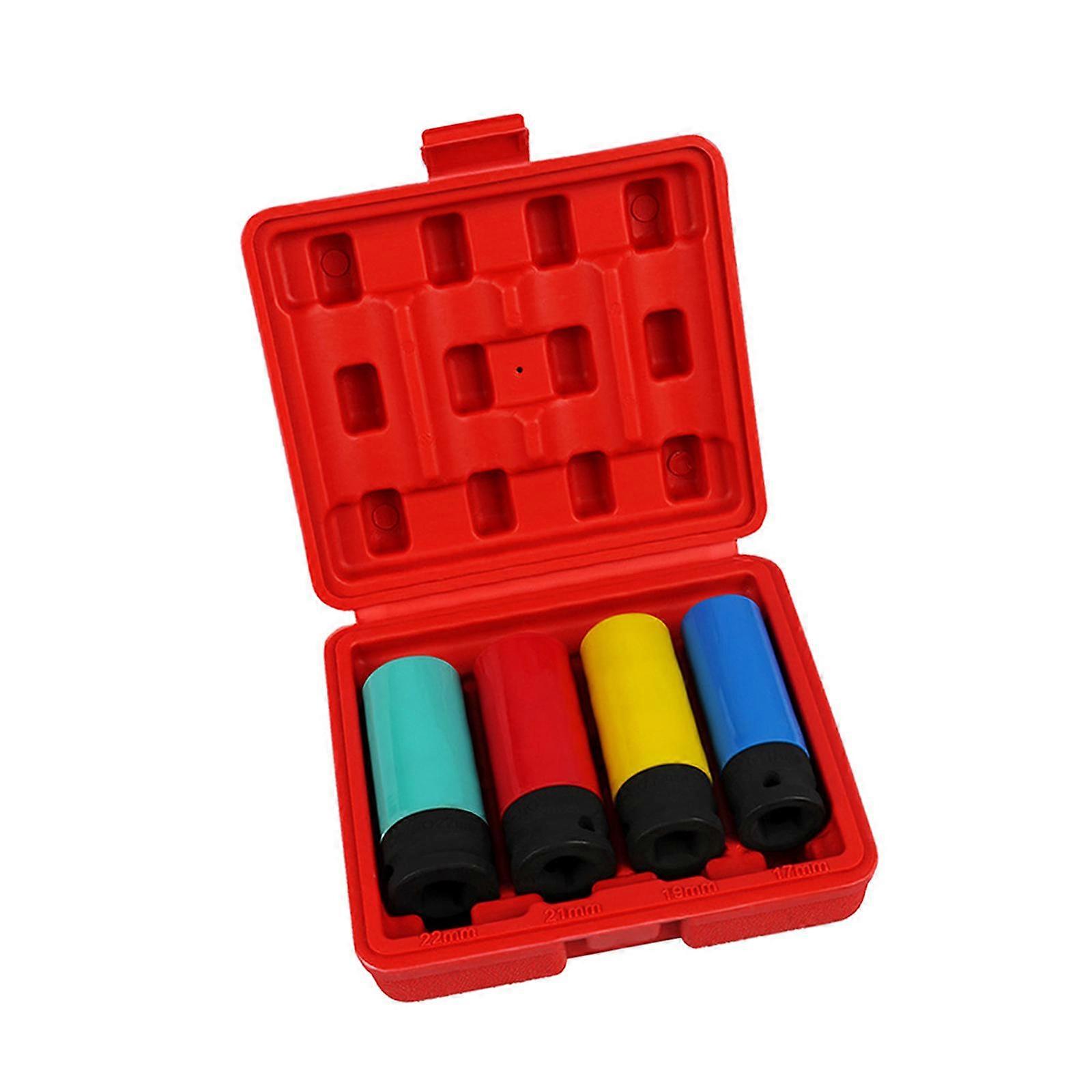 4Pcs 1/2" Drive Impact Lug Nut Socket Kit Easily Install 17mm 19mm 21mm 22mm Red Box