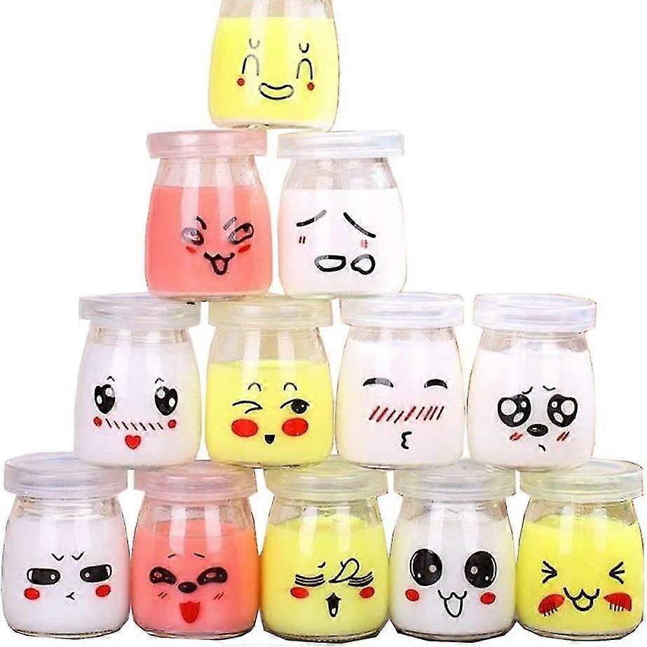 12 Glass Yogurt Jars With Lids Different Emoticon Decor, Dessert Cream Jar Capacity 100 Ml
