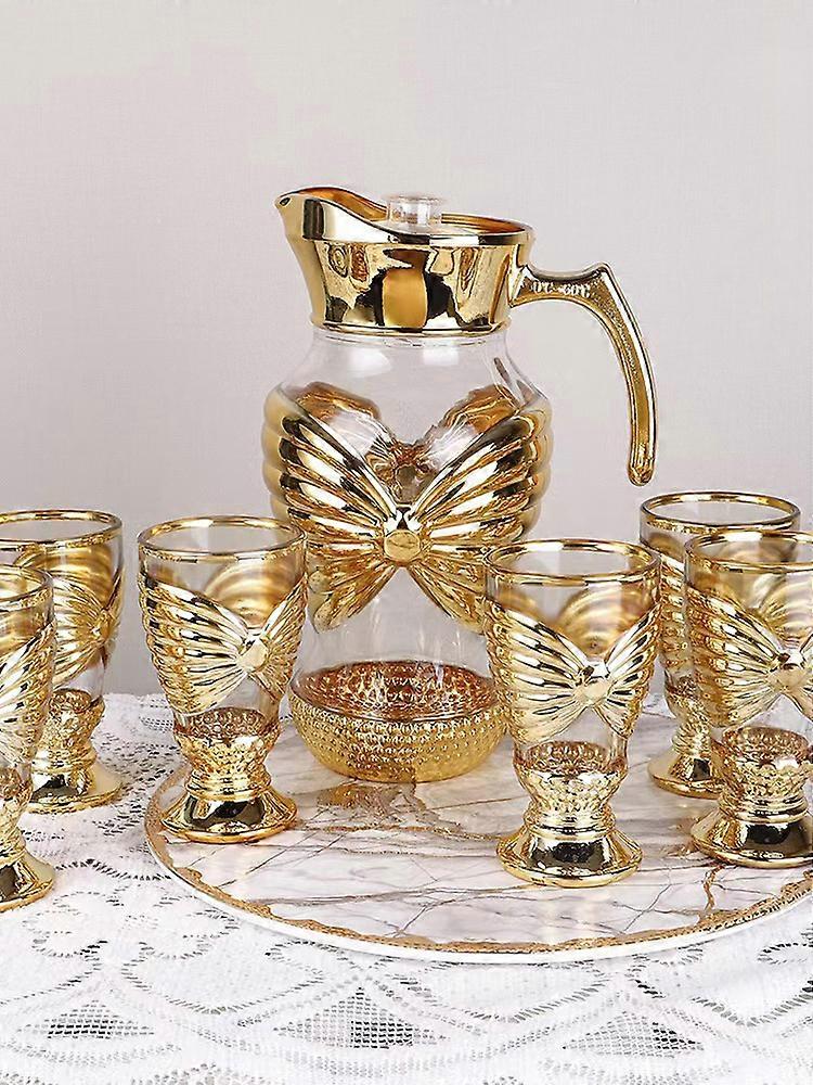 Golden Glass Water Pitcher Set with 6 Cups - Creative European Retro Design - Perfect for Buffet Table, Bar, Nightstand - High Quality and Large Capac