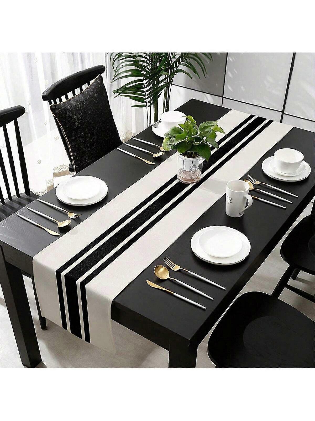 عداء طاولة كتان حديث بشريط أبيض وأسود ، 13 * 72 بوصة حديث بسيط 2024 زخرفة طاولة مطبخ جديدة