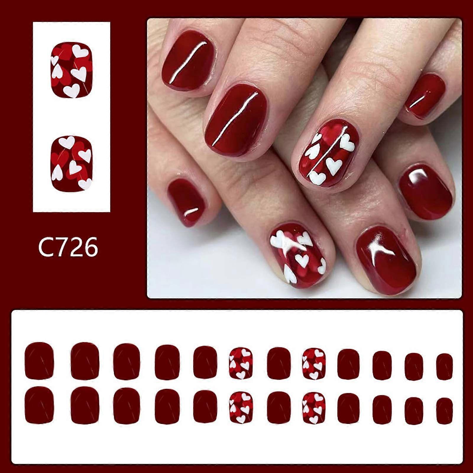 Valentine's Day Press On Nails Short Glossy Acrylic Nails Heart Pattern Nails Glue On Nails Artificial False Nails 24pcs Flye253695