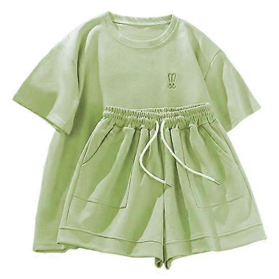 2 Pcs/Set Women T-shirt Shorts Suit Round Neck Solid Color Short Sleeves Top Drawstring Elastic Waist Loose Pants Lady Tracksuit Casual Daily Outfit