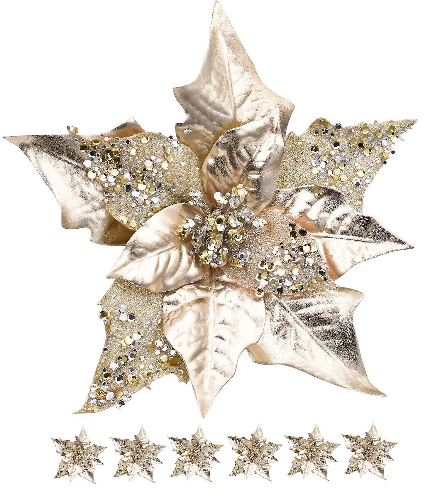 6pcs Glitter Artificial Poinsettias with Clip for Christmas Tree and Wreath Decor, Red and Gold Floral Accents