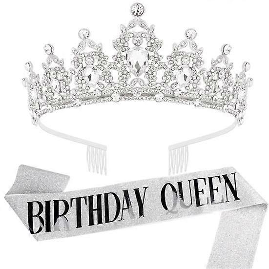 1 Set Etiquette Belt Set Letter Printed Long Ribbon Rhinestone Inlay Queen Crown Two-piece Set Birthday Party Etiquette Shoulder Strap Headband