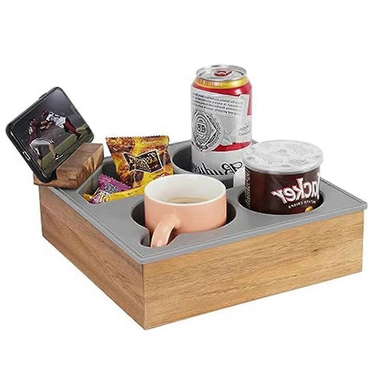 Couch Cup Holder Tray With Soft Silicone Bamboo Wooden Construction, Waterproof Anti-Spill, Removable 360° Rotating Bracket, Compact Size For