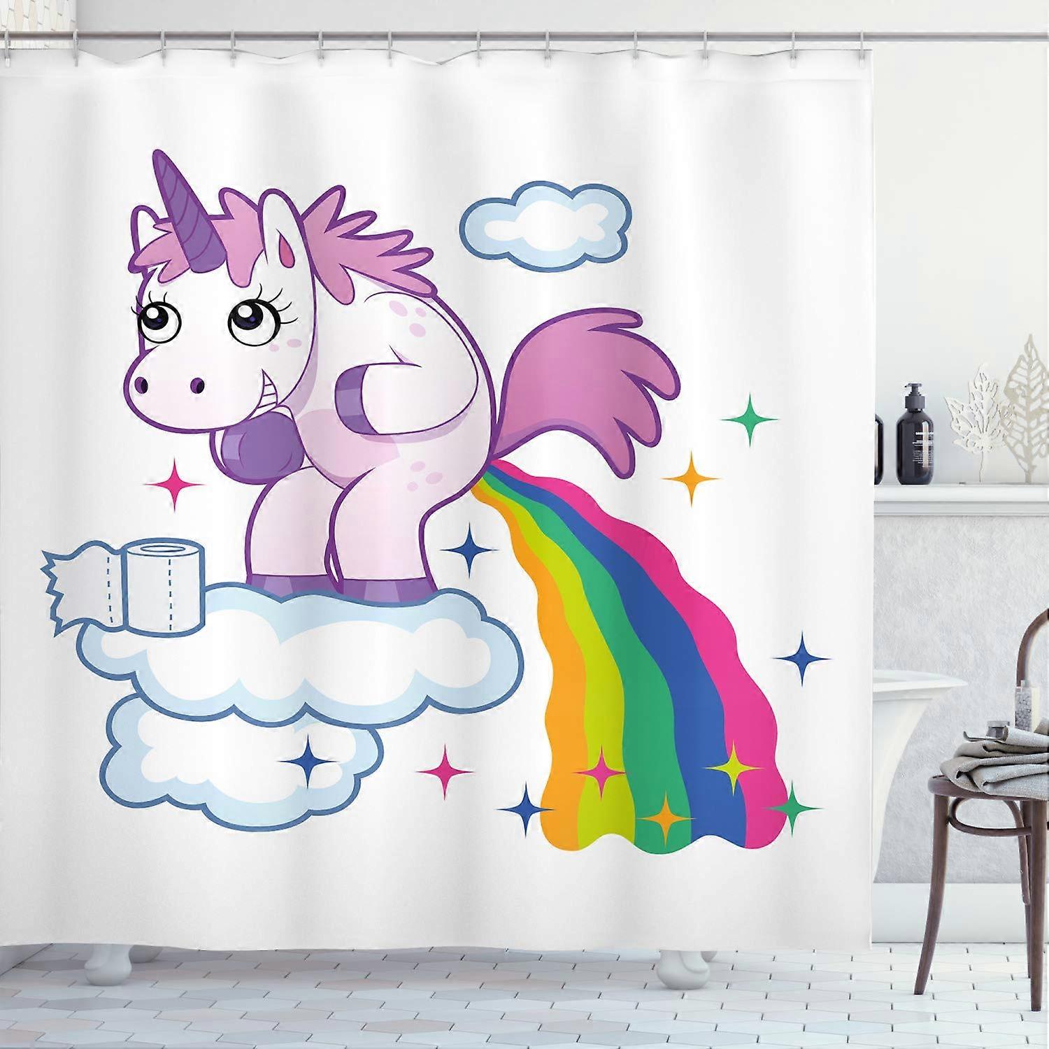 Funny Shower Curtain Unicorn Pooping Rainbow Over Clouds 69"W x 75"L Pale Purple Fabric Bathroom Decor with Hooks