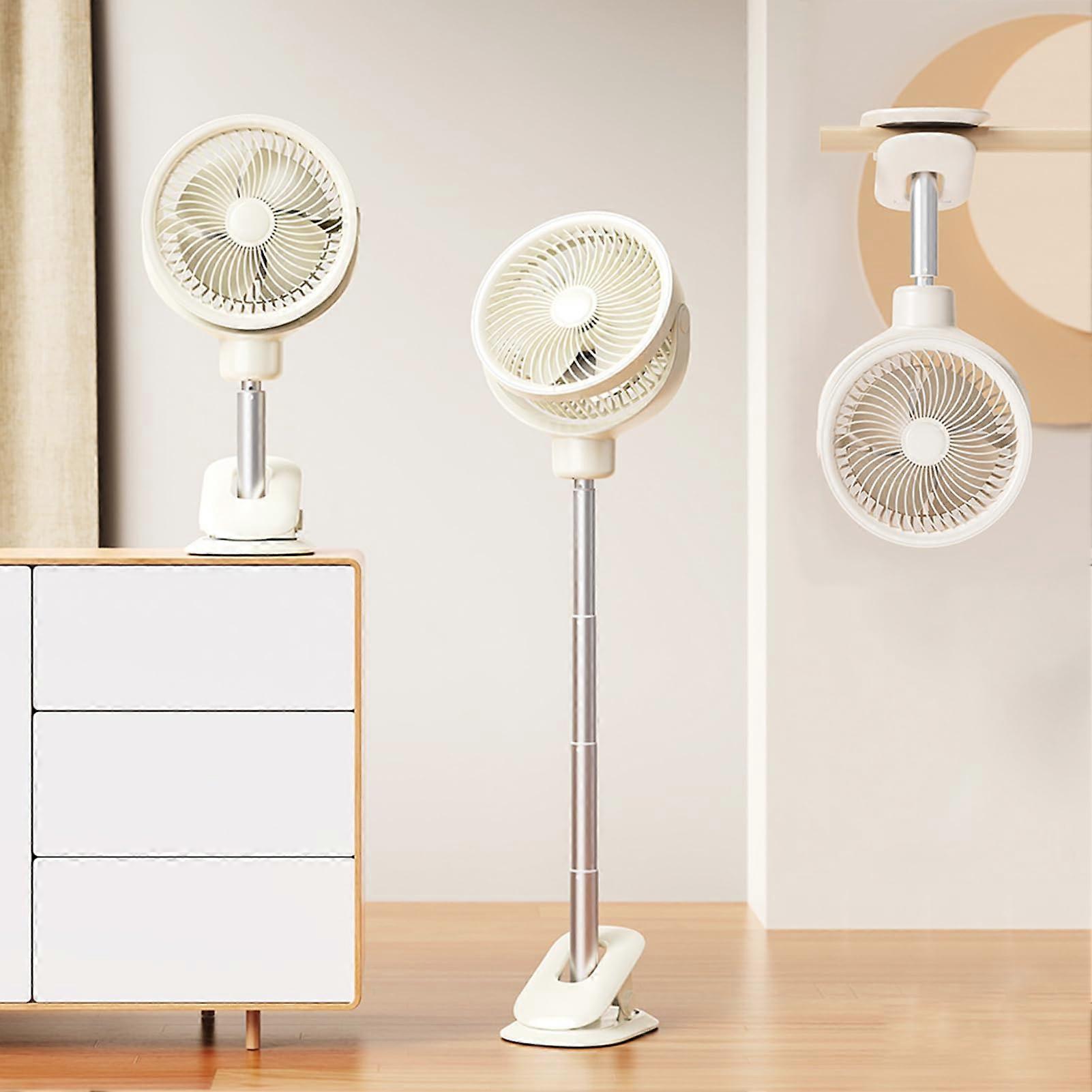 Desktop Clip Fan, Telescopic Floor Fan, LED Light 4 Speed, USB Rechargeable