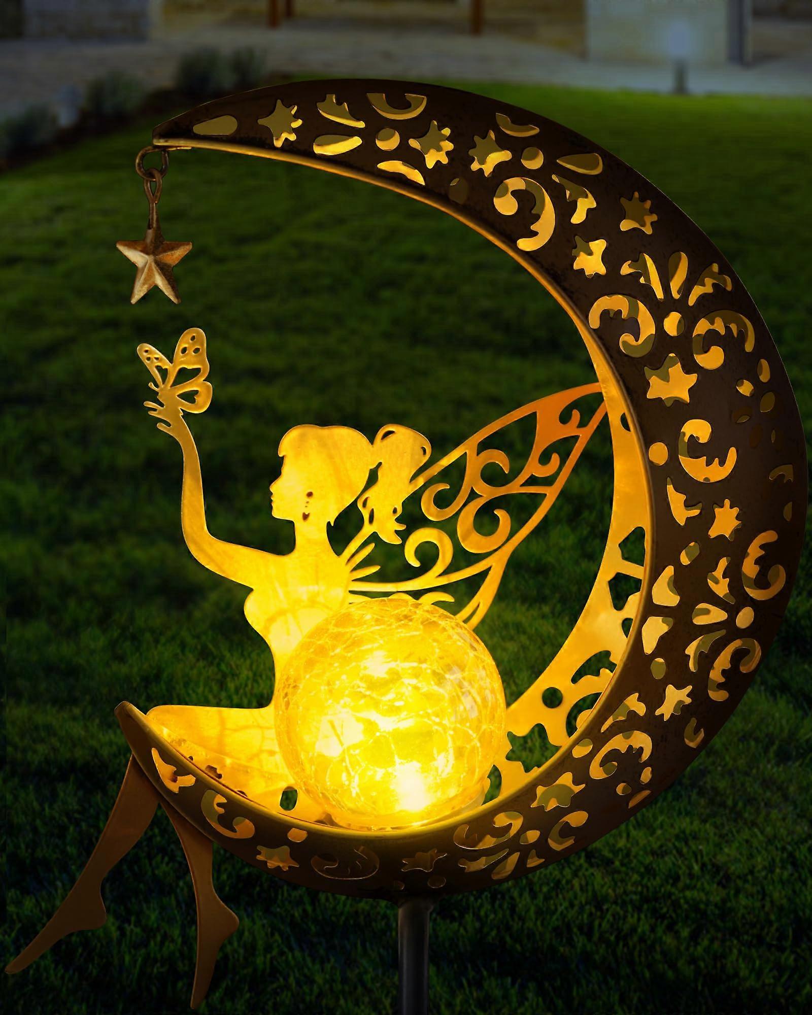 Sun Garden Statues Open Decor, Fairy Moon Statuette Light for Patio and Grass, Unique Gift for Grandmother, 12 Inch Resin
