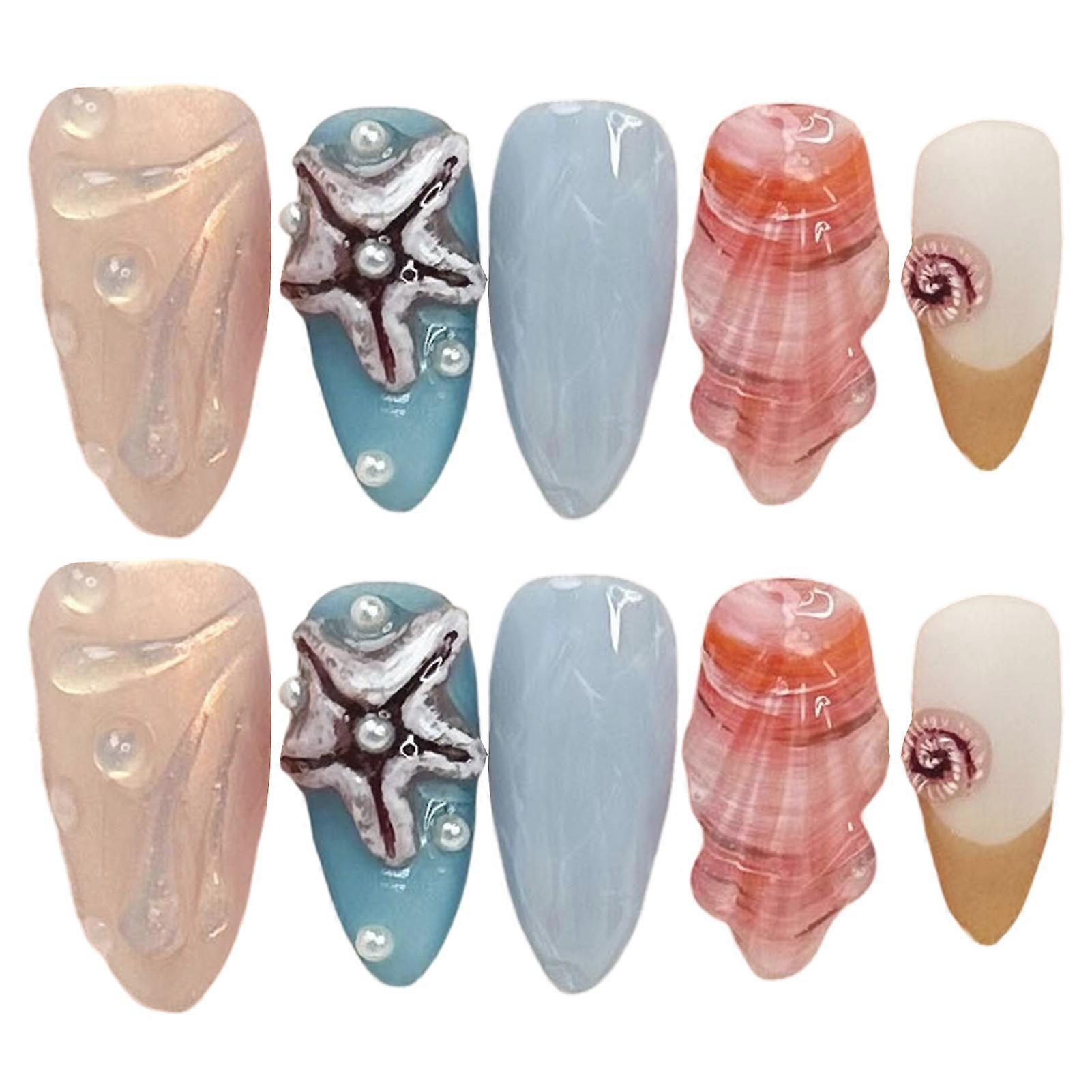 Blue False Nails with Conch Decor Easy Effortless Application to Nails