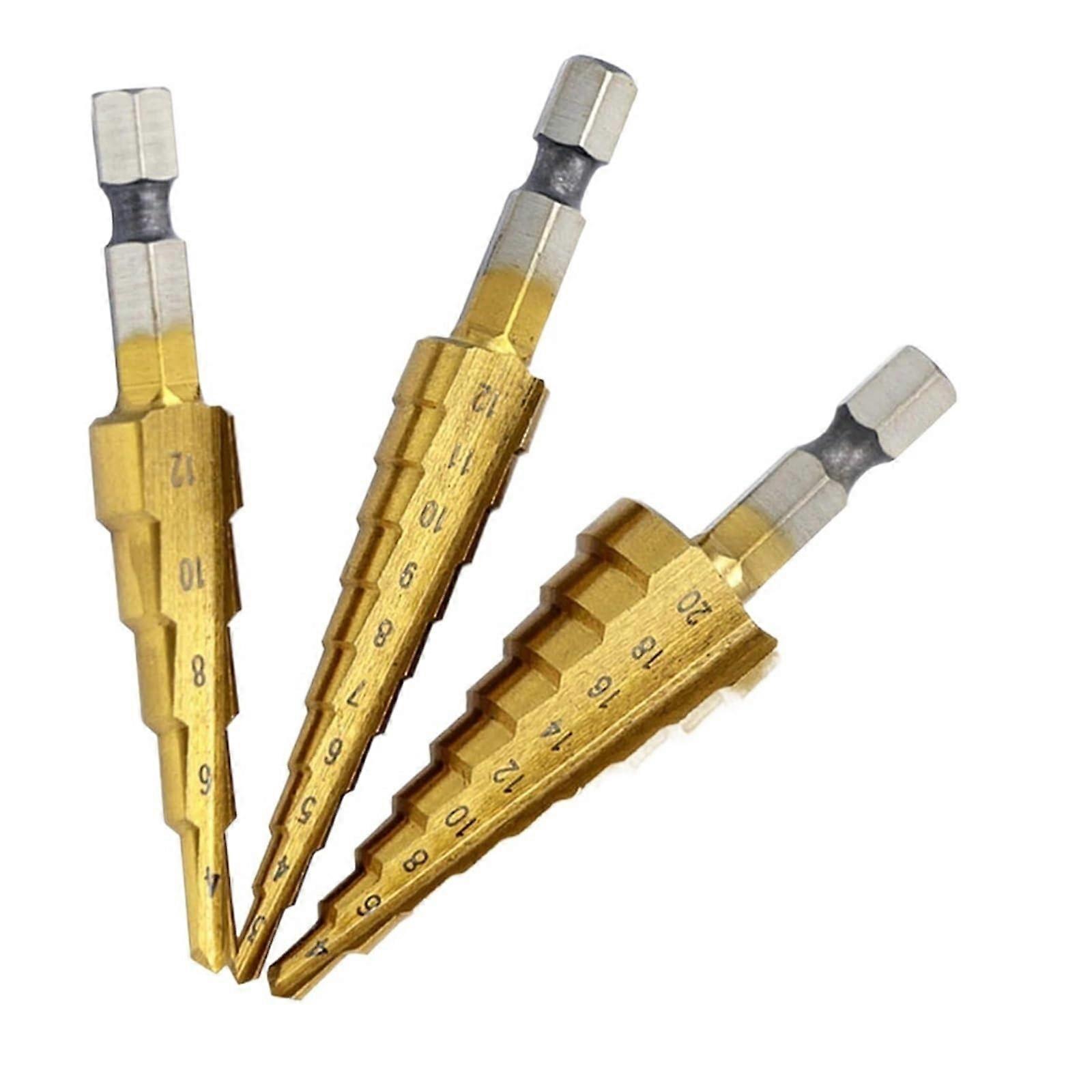 Spiral Fluted Step Drill, 3Pcs/Set HSS Step Drill Bit Set Hex Shank Taper Drill Bit gold