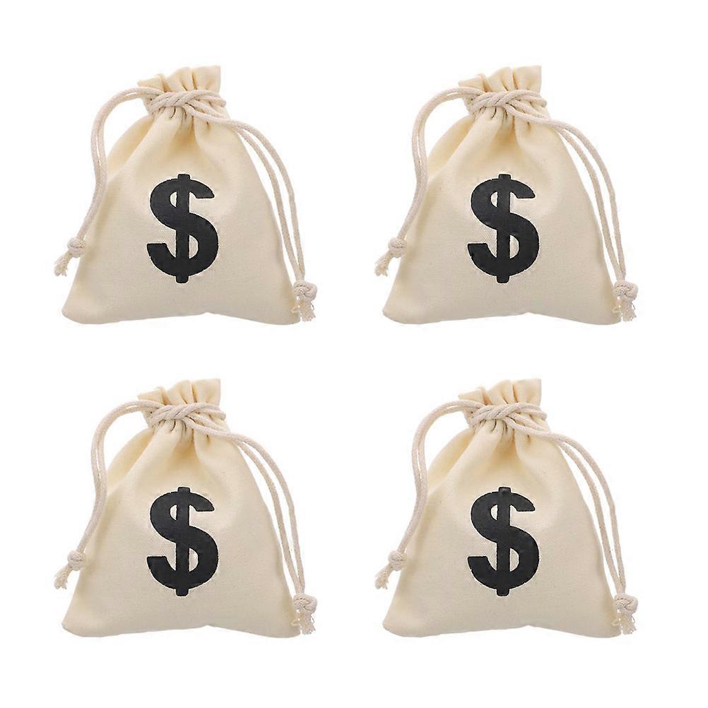 4pcs Canvas Drawstring Snack Bags with Money Symbol Pattern – Reusable Party Treat Pouches for Candy, Cookies, Game Coins Storage & Festival Favors