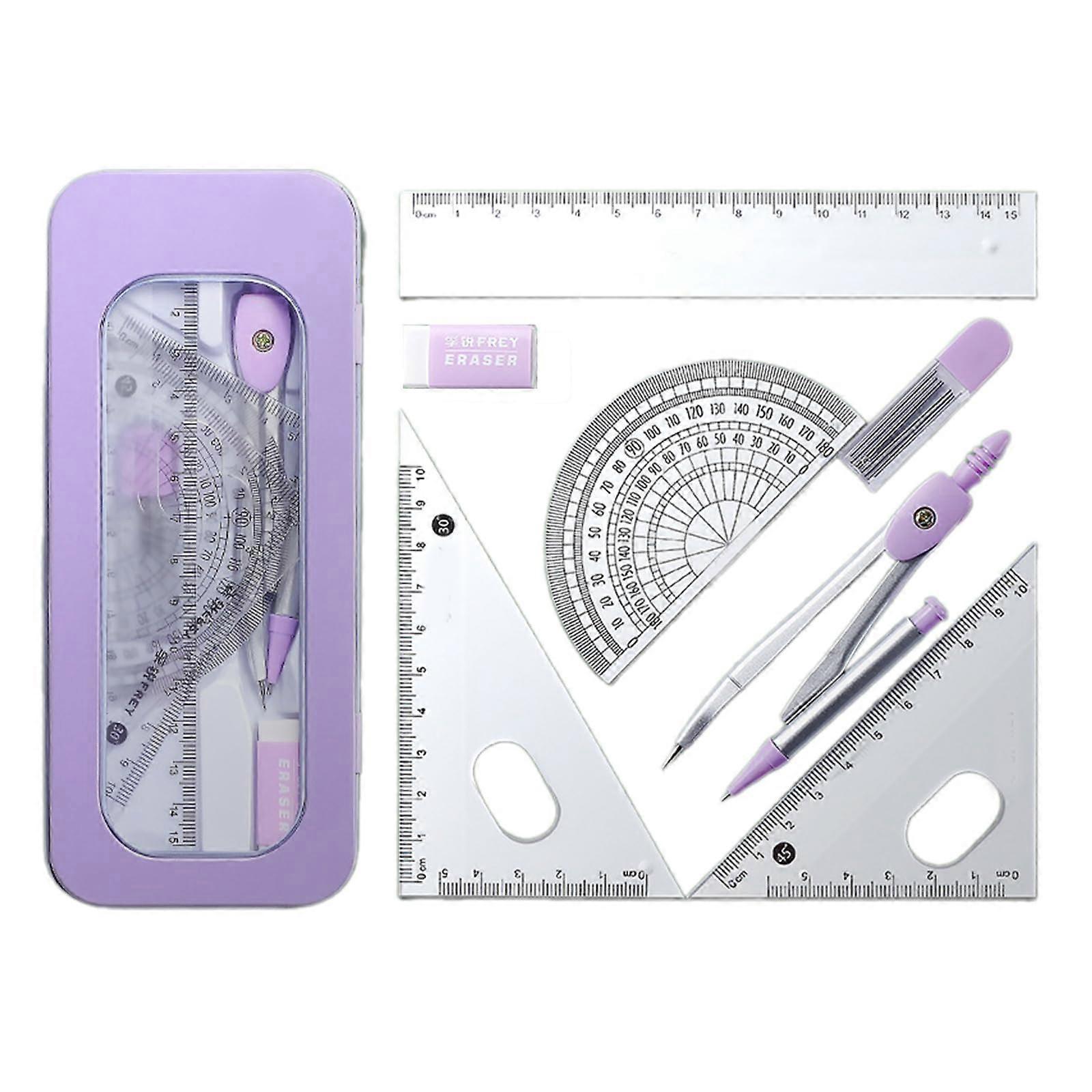 7piece professional mathematical geometry set for students, geometry tool, protractor triangle, eraser, protractor, purple