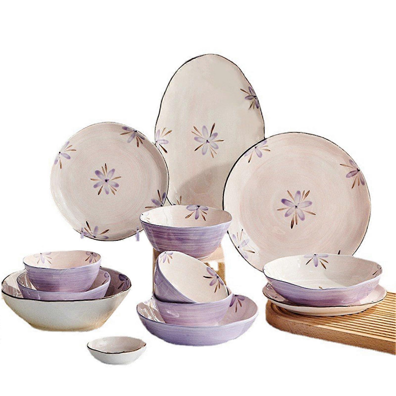 Ceramic Soup Bowls, Exquisite Purple Design, Elegant Dinnerware Set, Stylish Kitchen Tableware, 8-Inch Size