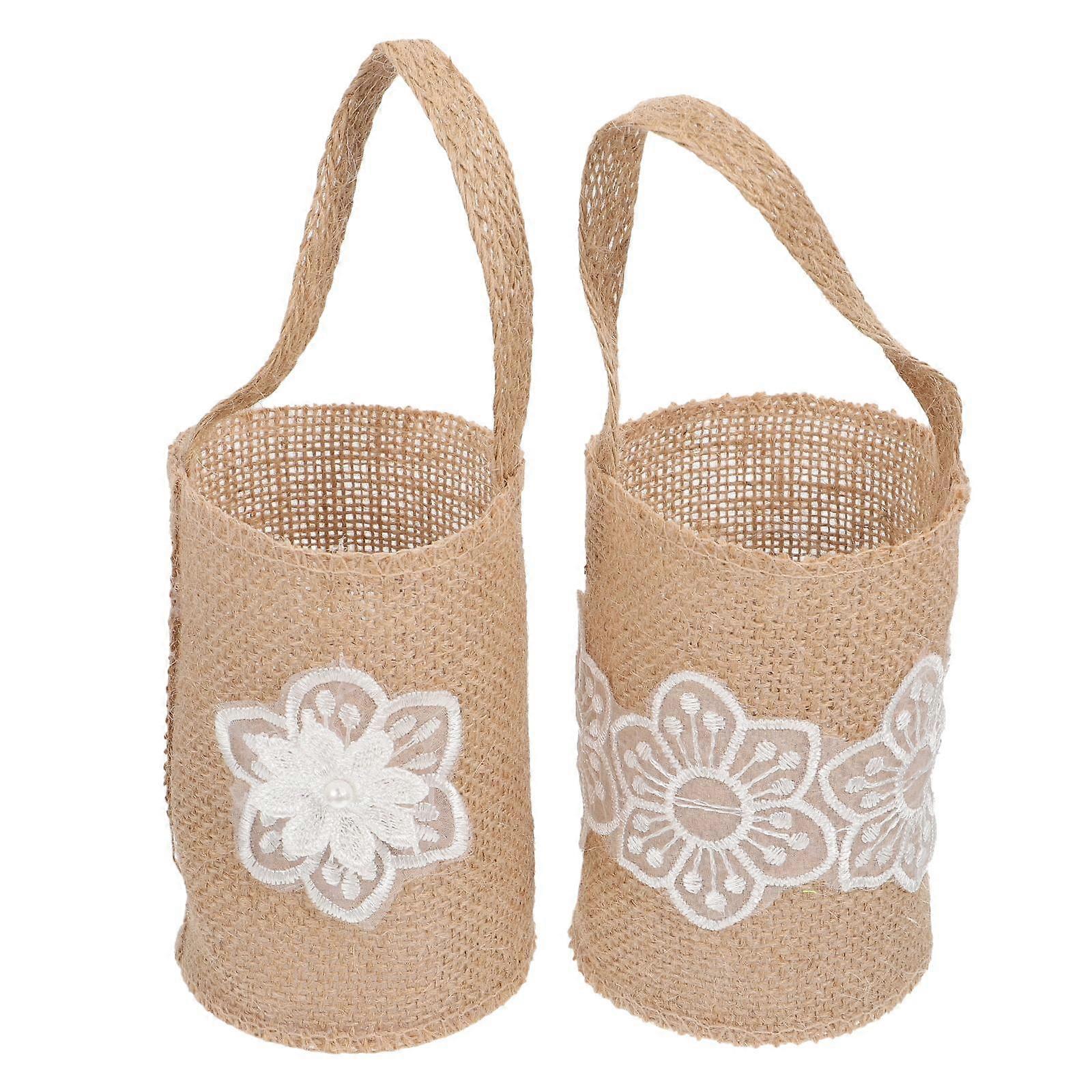Rustic Flower Girl Basket with Burlap Material for Wedding Assorted Color Satin Flowers and Bows 2pcs