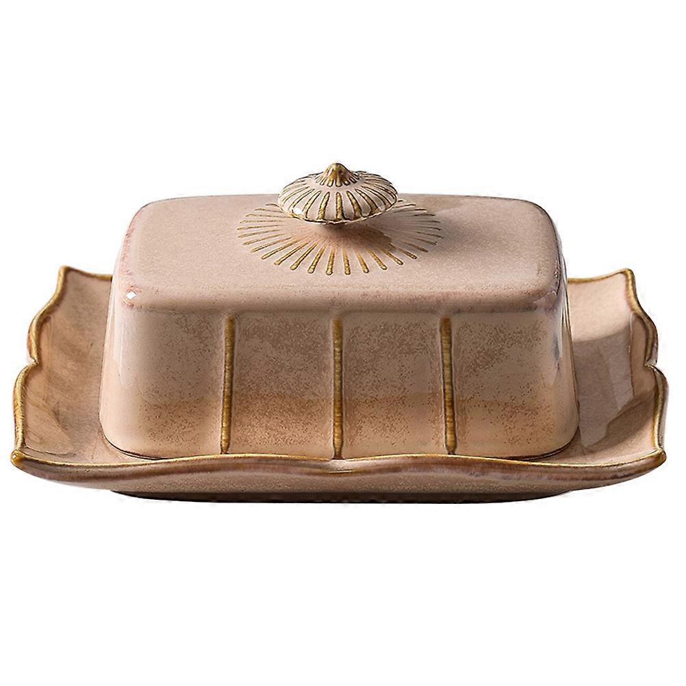 Porcelain Butter Dish Ceramic Storage Tray Rectangular Khaki 19.3x14.2cm 1Set