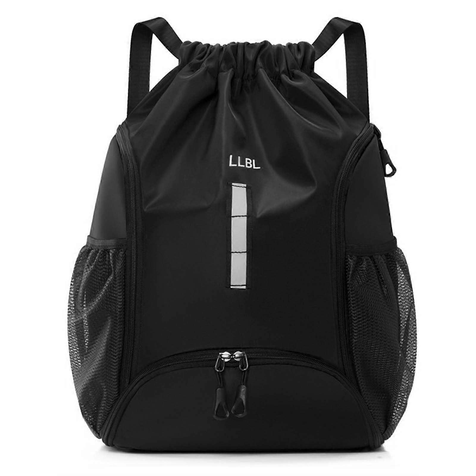 Gym Bag Drawstring Black Waterproof With Bottom Compartment And Mesh Pockets Adjustable Unisex Sports Backpack