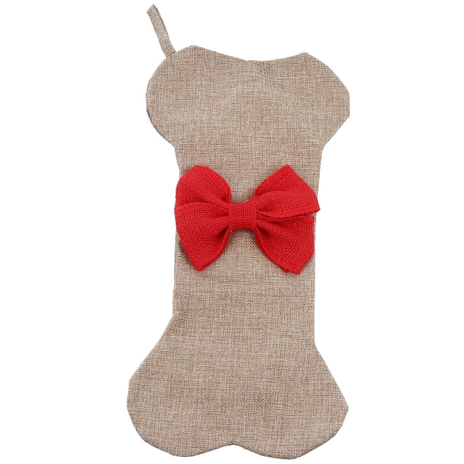 Pet Christmas Stocking   Large Bone Shaped Burlap Decoration with Bow, Soft & Safe Xmas Stocking Bag for Memories