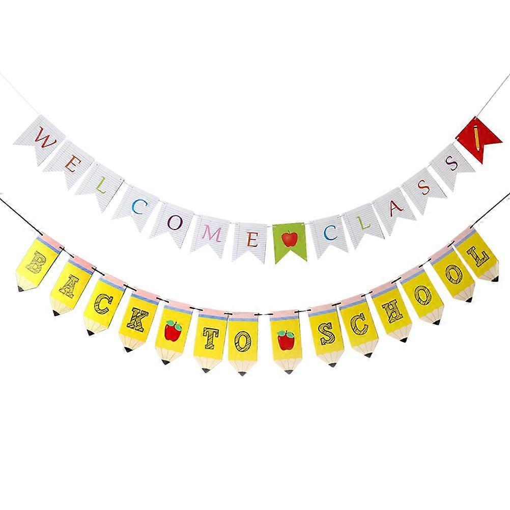 2 Sets Ceremony Banner Welcome Class Bunting Back to School Pull Flag First Day of School Decoration