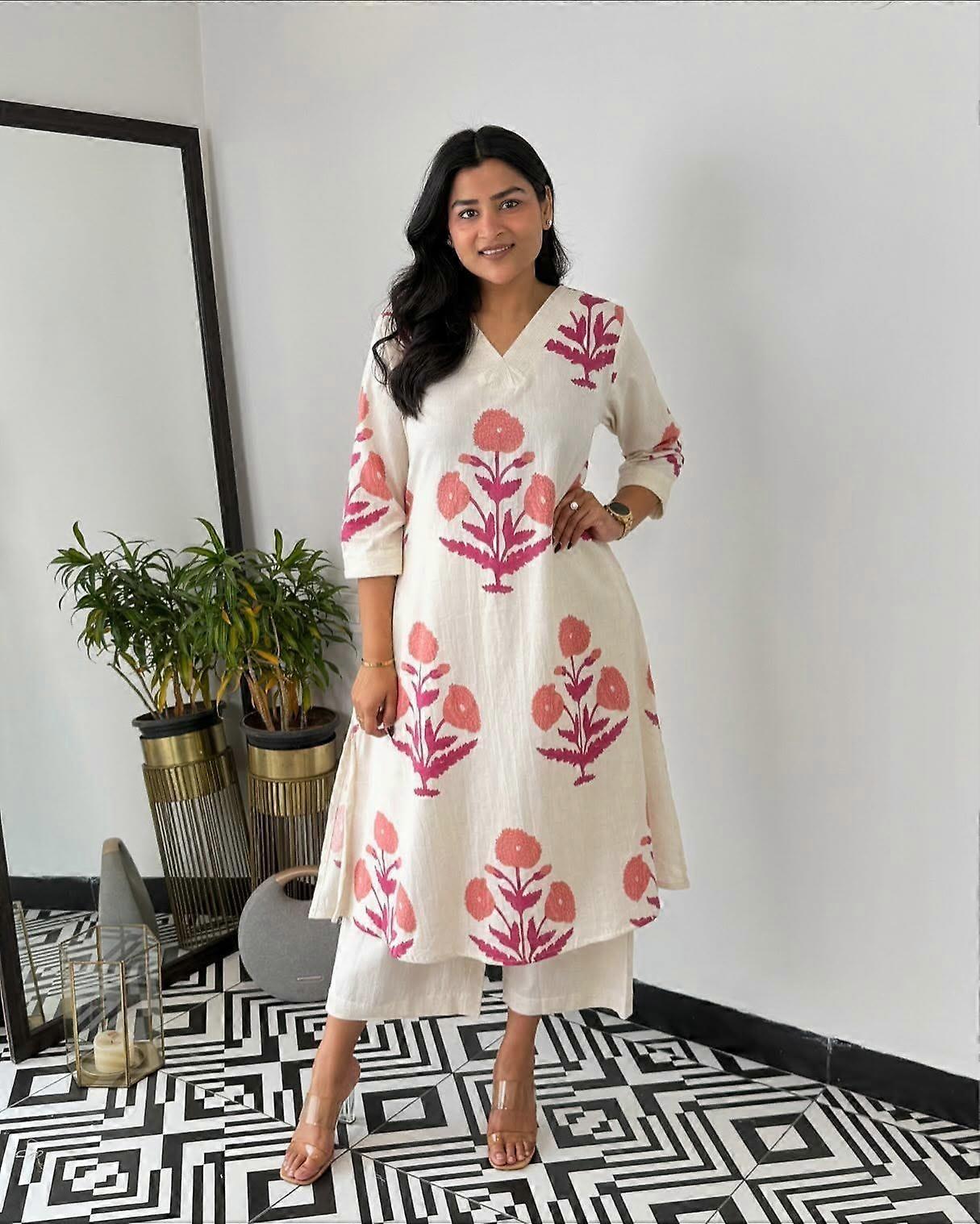 Indian Designer Cotton Cord Set Women Bollywood Party Wear Top Tunic Kurta Pant Set Dress