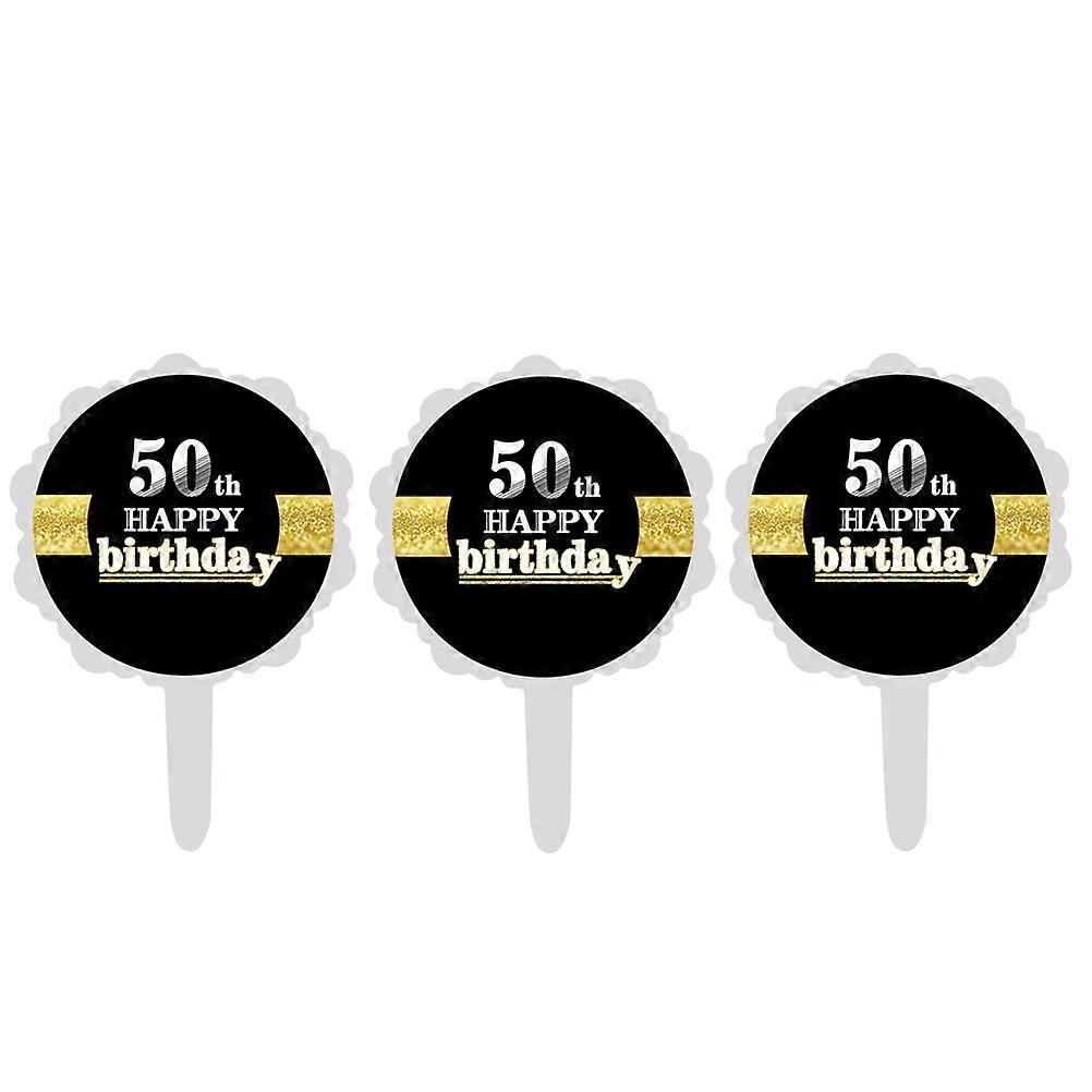 50th Cake Topper Picks for Decoration with 12 Pieces Black Paper Props Including 6 Stickers and 6
