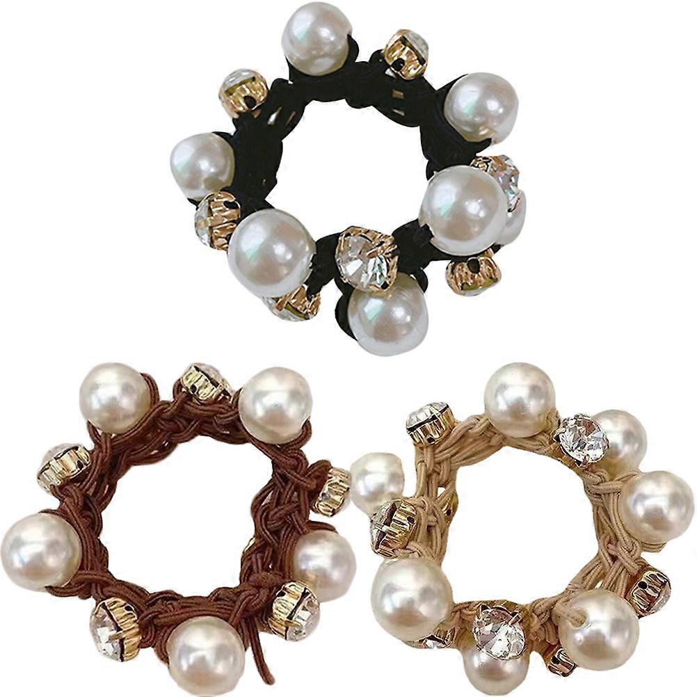 3pcs Pearl Hair Scrunchies for Women – Elegant Elastic Hair Ties in Khaki, Coffee & Black for Stylish Ponytails and Everyday Use