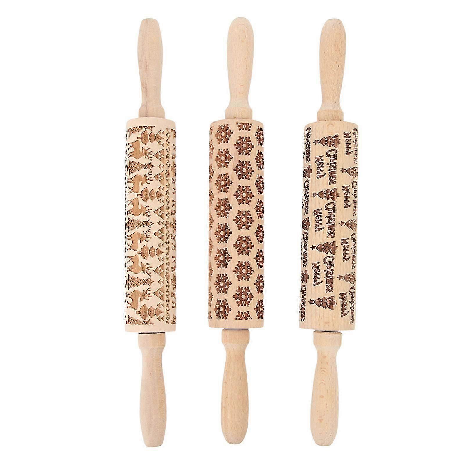3Pcs Wooden Embossed Rolling Pin Cute Christmas Pattern Engraved Embossing Rolling Pin for Baking Embossed Cookies