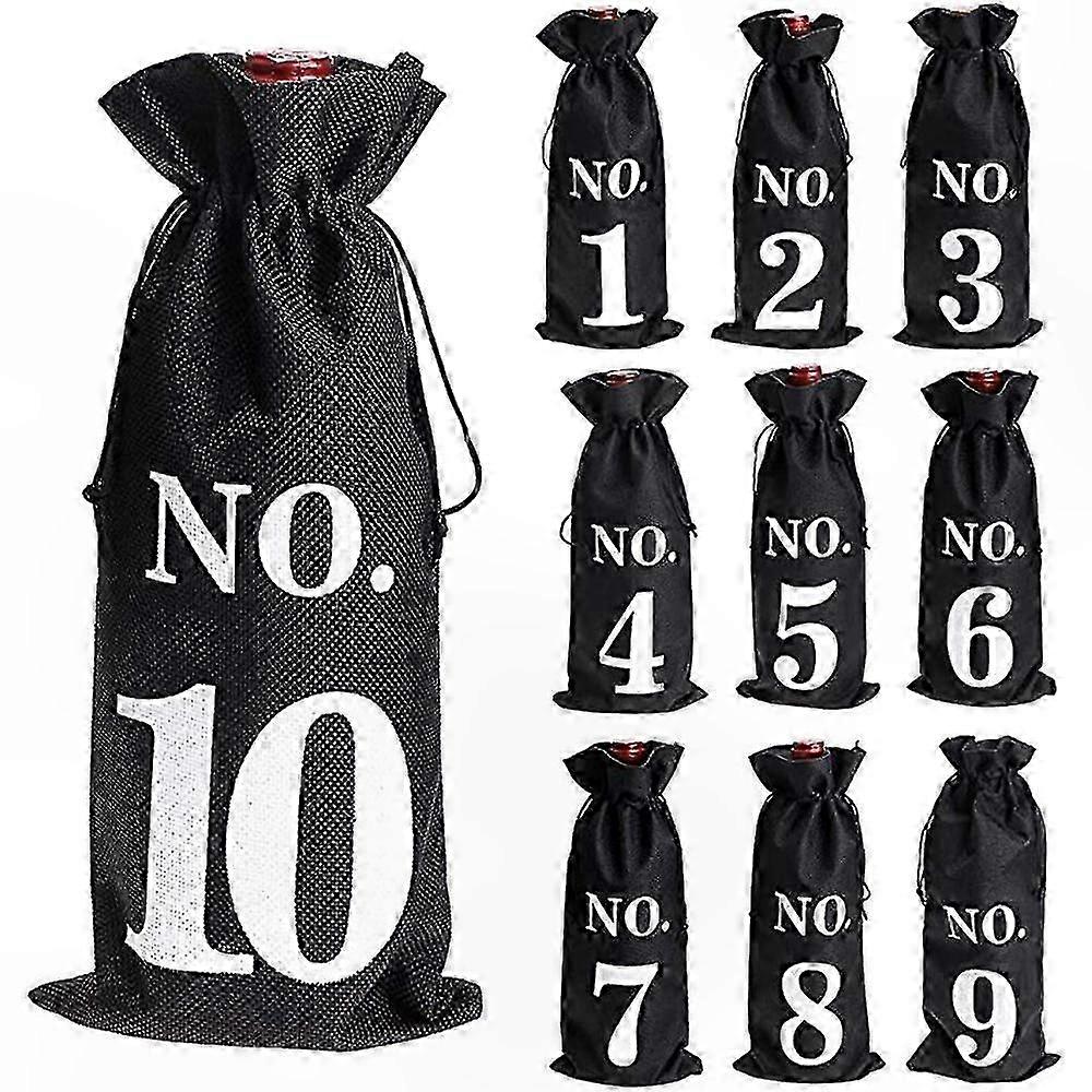 Burlap Wine Bottle Bags with Drawstring Closure for Blind Tasting Events - Set of 10 Pockets for Wine Storage and Presentation