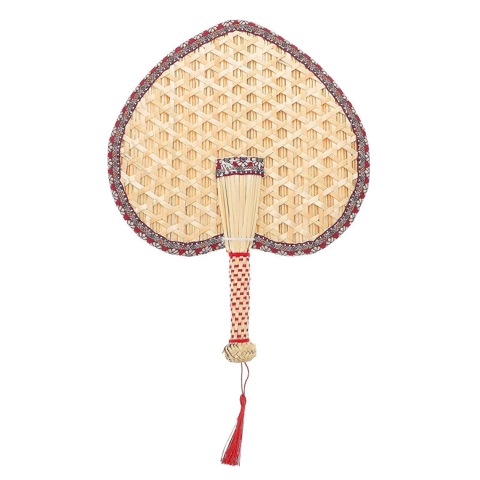 Handcrafted Wheat Straw Heart-Shaped Hand Fan with Red Cloth Edge for Summer Cooling Portable Baby