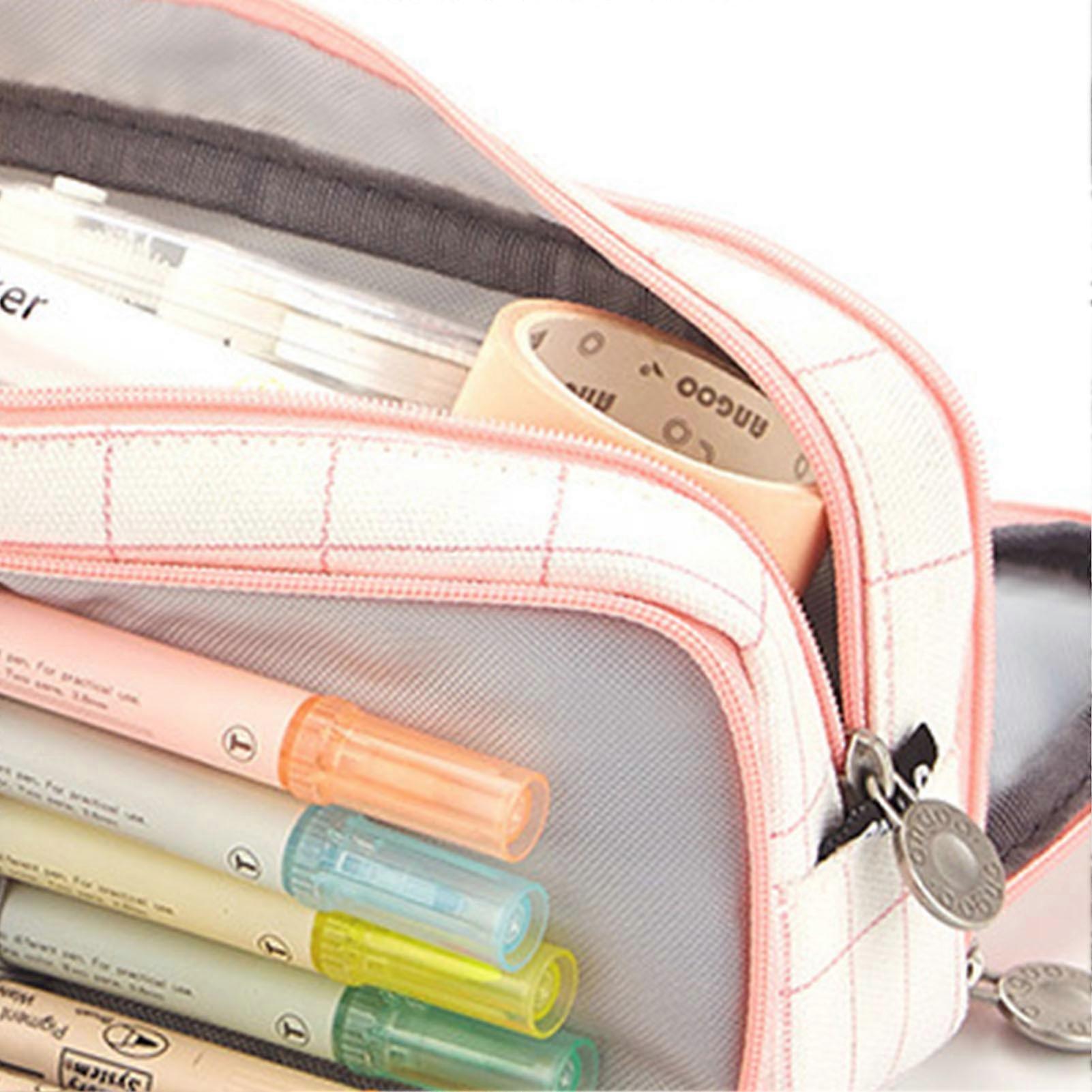 Large Capacity Canvas Pencil Case, Multi Pocket, Pink White Grid