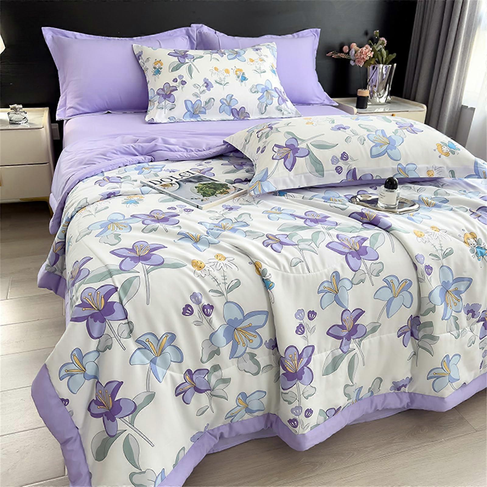 Summer Floral Print Reversible Bed Throws Quilted Bedspreads, All Seasons Patchwork Quilt, Cotton, 180x200cm, Purple