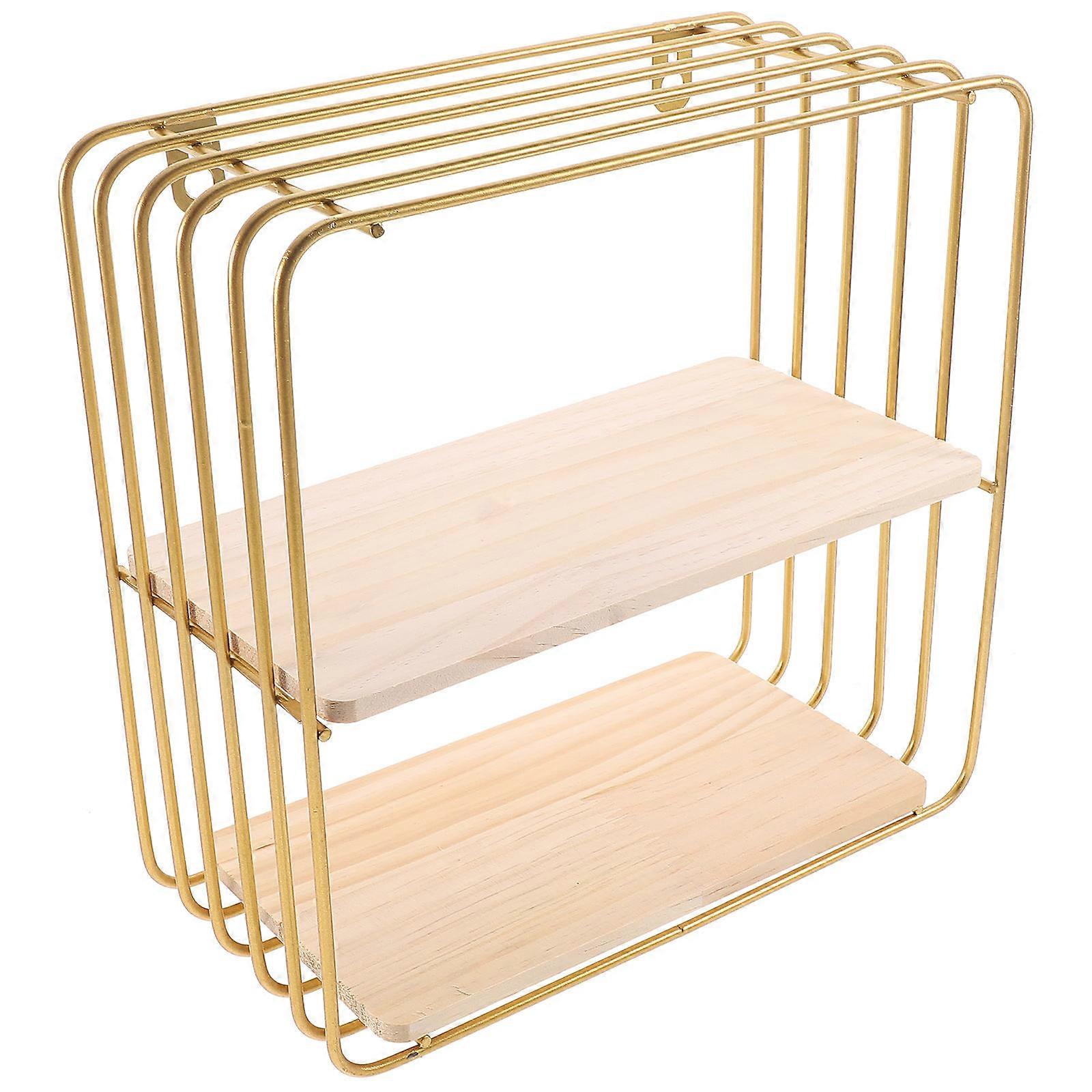 Wall Floating Shelf for Storage Use 2Pcs Golden Iron Wood Material