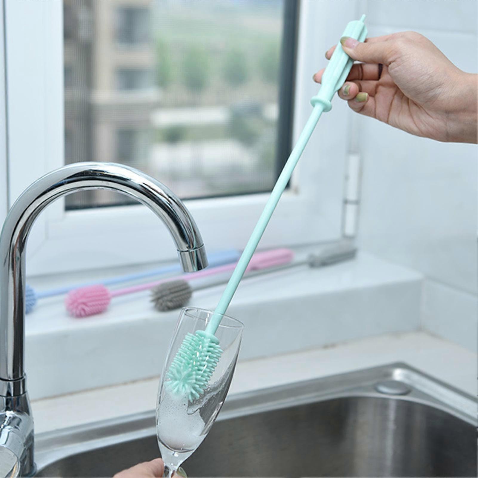 SUSUchens Milk Bottle Brush, Multi-purpose, Long Handle, 360° Rotating, Soft Dense Bristles, Hanging Hole, Silicone, Narrow Neck Containers, Pink, L