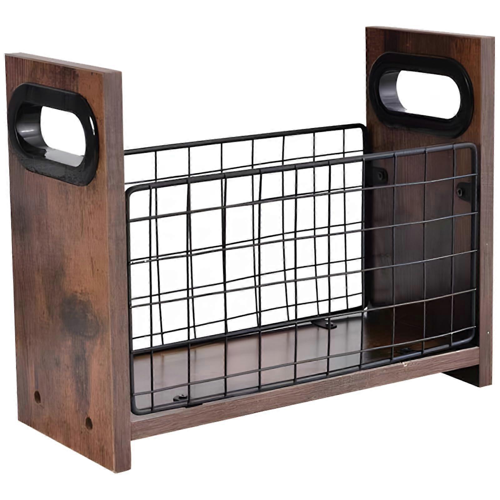 Desktop Organizer Metal Mesh and Wood Magazine Rack Desk File Holder With Handles For Office