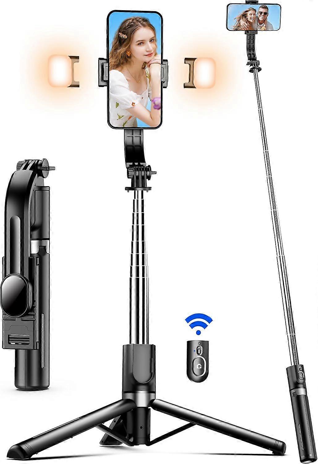 45 Inch Selfie Stick Tripod with 2 Lights, Retractable 5 in 1 Selfie Stick Phone Tripod, Portable Selfie Stick, Compatible with Wireless Remote Contro