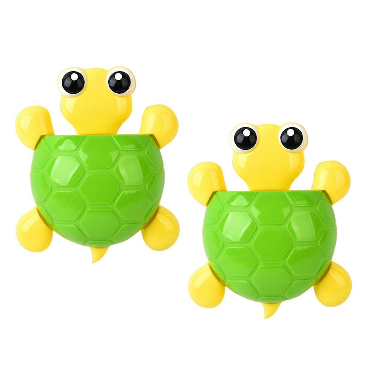 2 Pack Green Turtle Toothbrush Holder with Suction Cup Wall Mounted Toothpaste Organizer for Bathroom