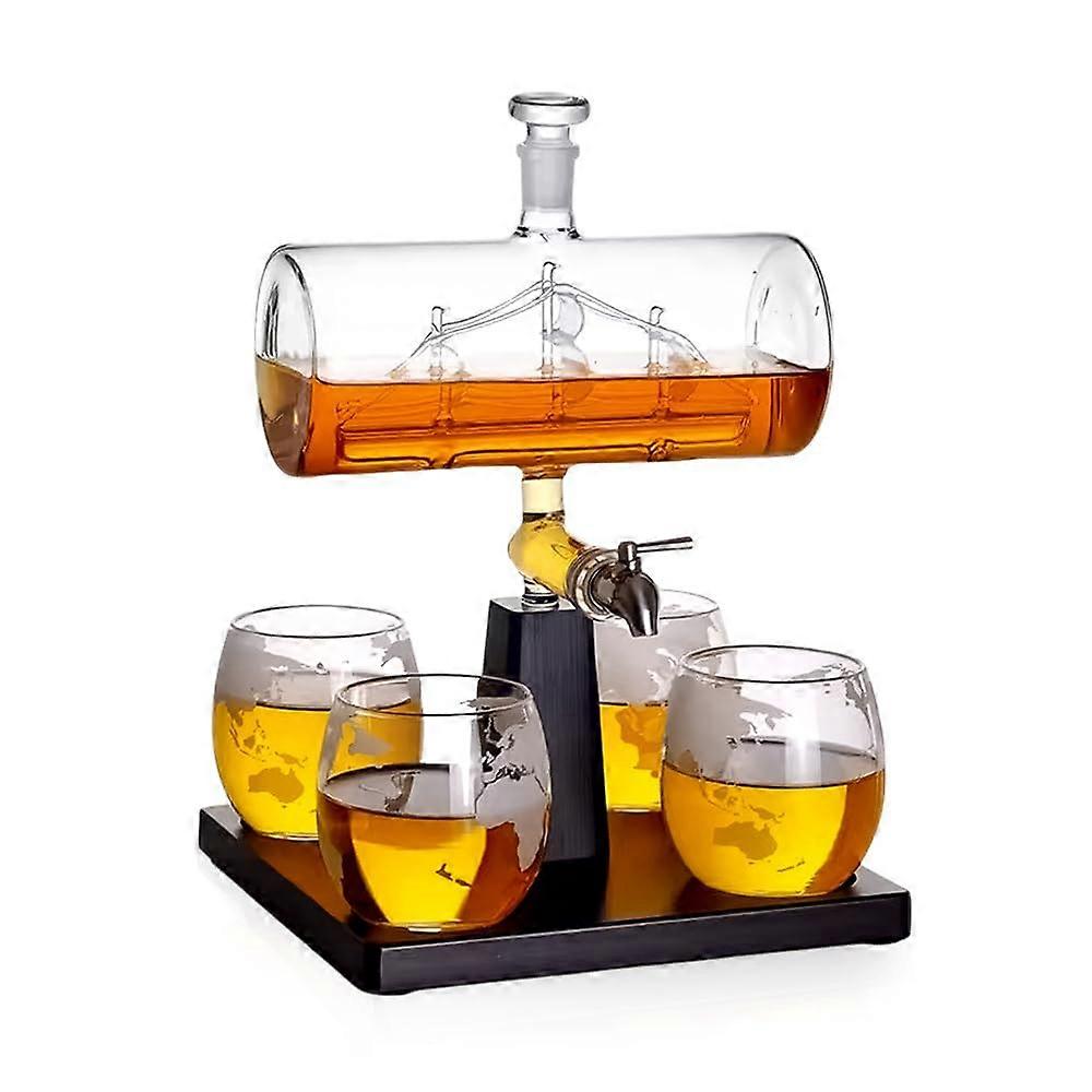 Whiskey Decanter Set with Handcrafted Glass Sailing  and Wooden Base for Bourbon and Wine Lovers