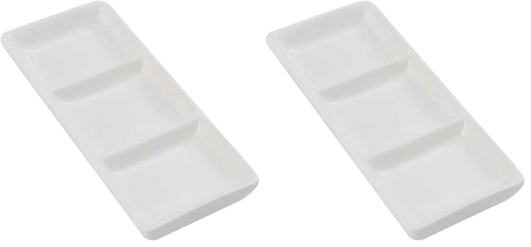 White Ceramic 3 Compartment Serving Tray, Rectangular Appetizer Platter for Sauces Nuts Snacks, Pack of 2