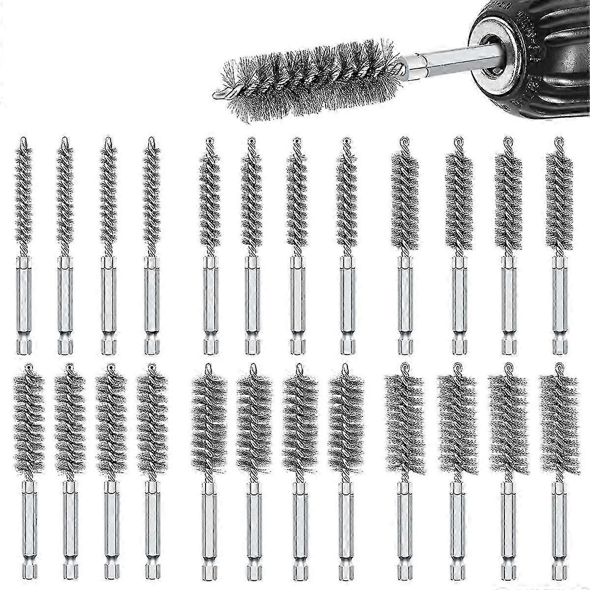 24pcs wire bore brushes set for power drill, with 1/4 inch hex shank for tubes pipe cleaning(8/10/1 p